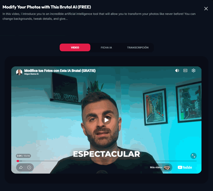 Pestañas de resumen, transcripción y ficha de IA de CataVideo